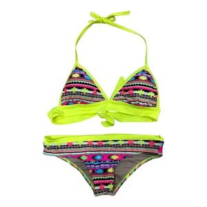 Perla Negra Colorful Neon Bikini Triangle Cheeky‎ Swimsuit Sz M Sexy Aztec